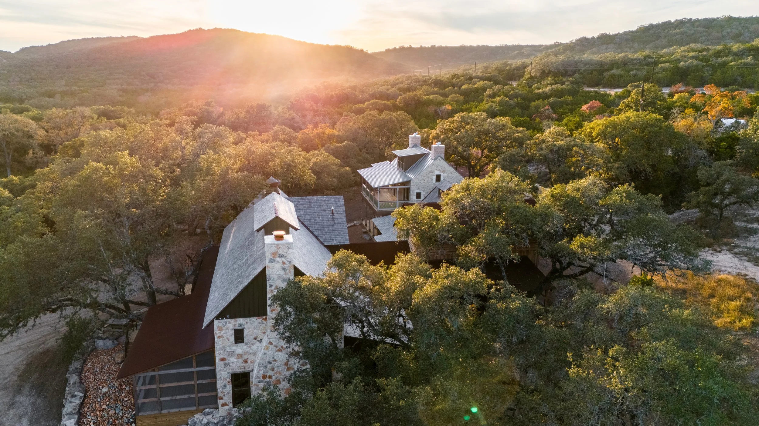 Aerial view of H2 Lodge and surrounding Hill Country site