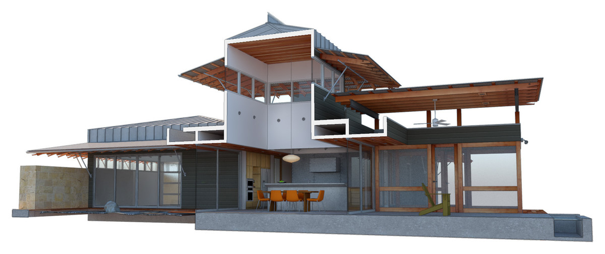 Bliss House courtyard edge and glass wall study