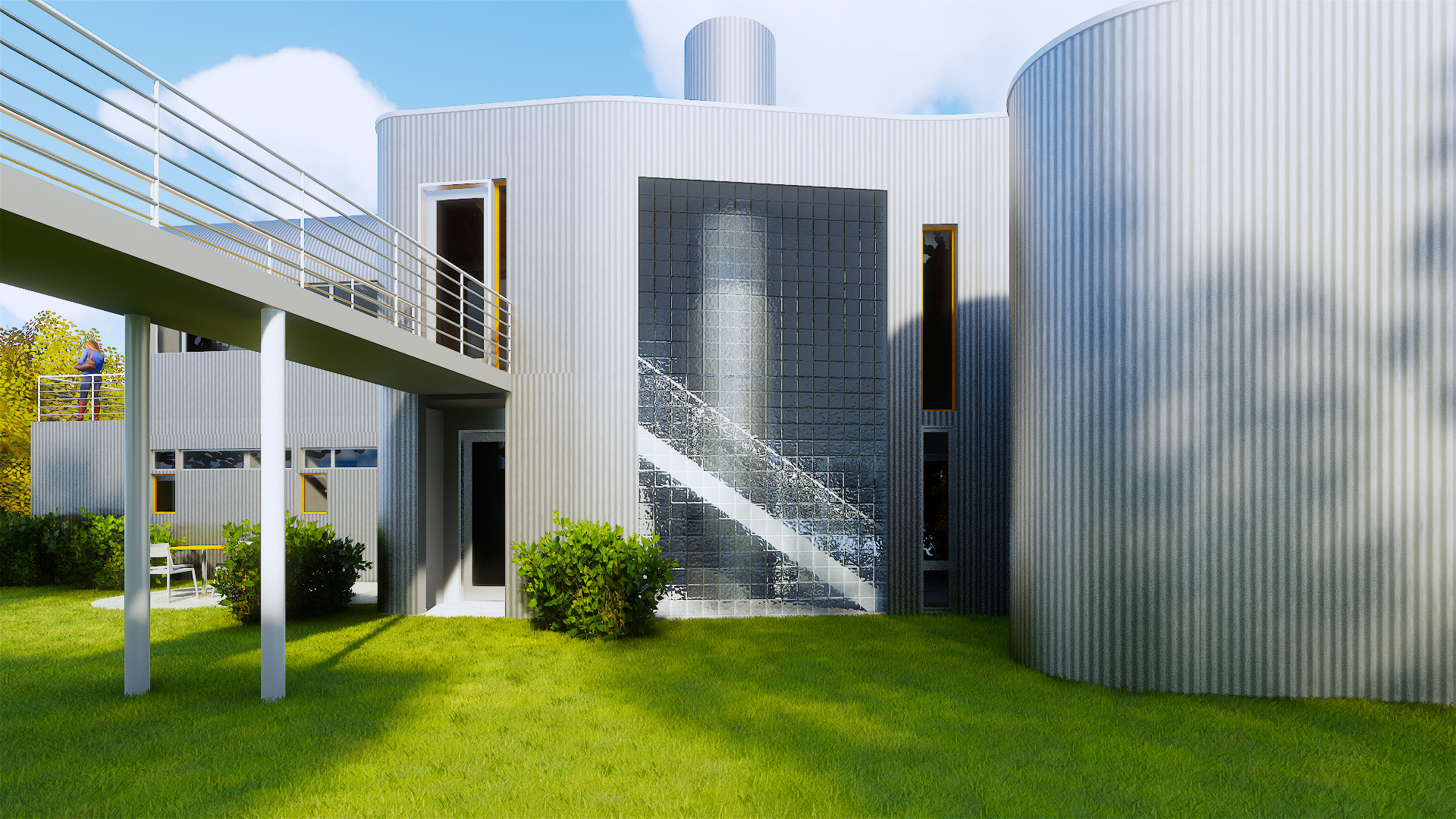River House study showing exterior circulation and metal cladding