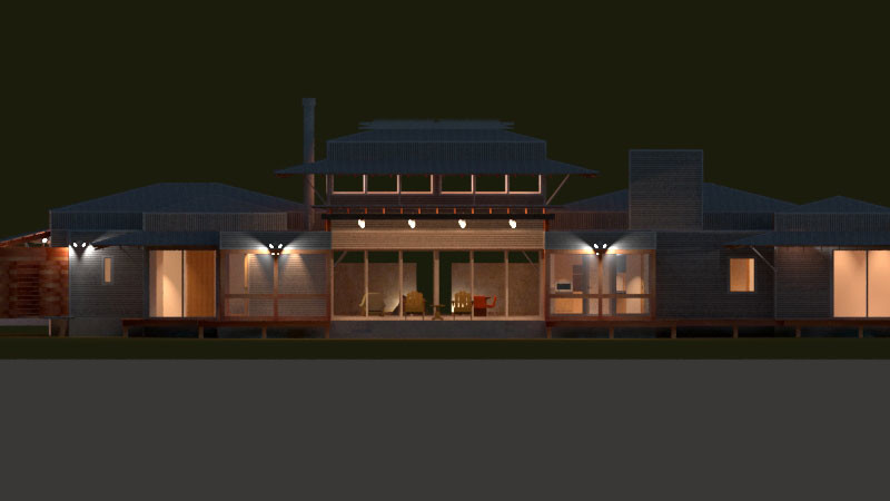 Bliss House rear elevation at night