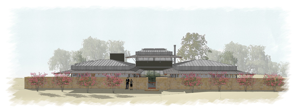 Bliss House night rendering with courtyard walls and warm interior light