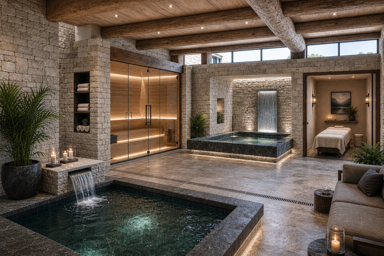 Edge Falls wellness retreat concept with spa and water