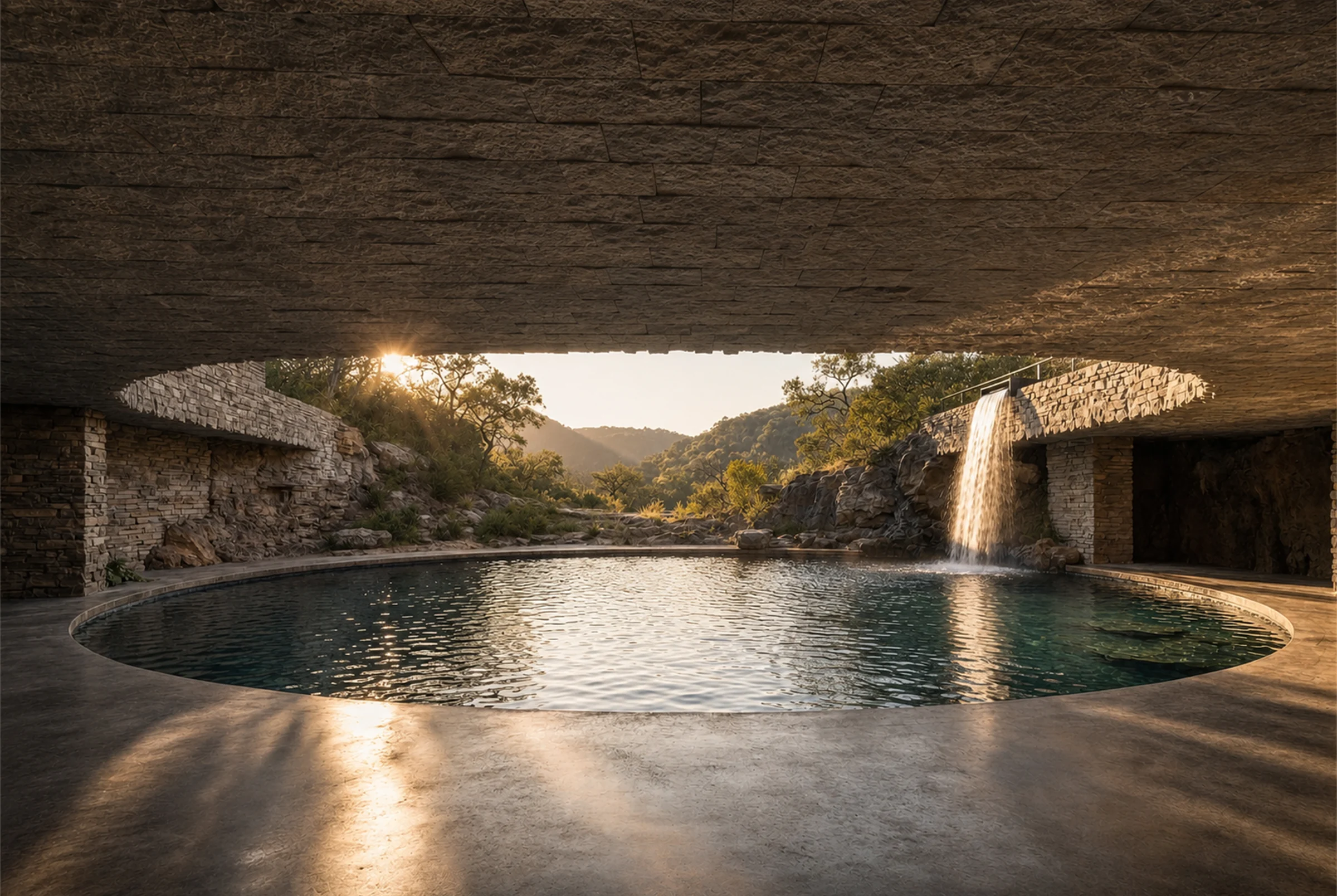 Edge Falls lower pool view with waterfall and stone overhang
