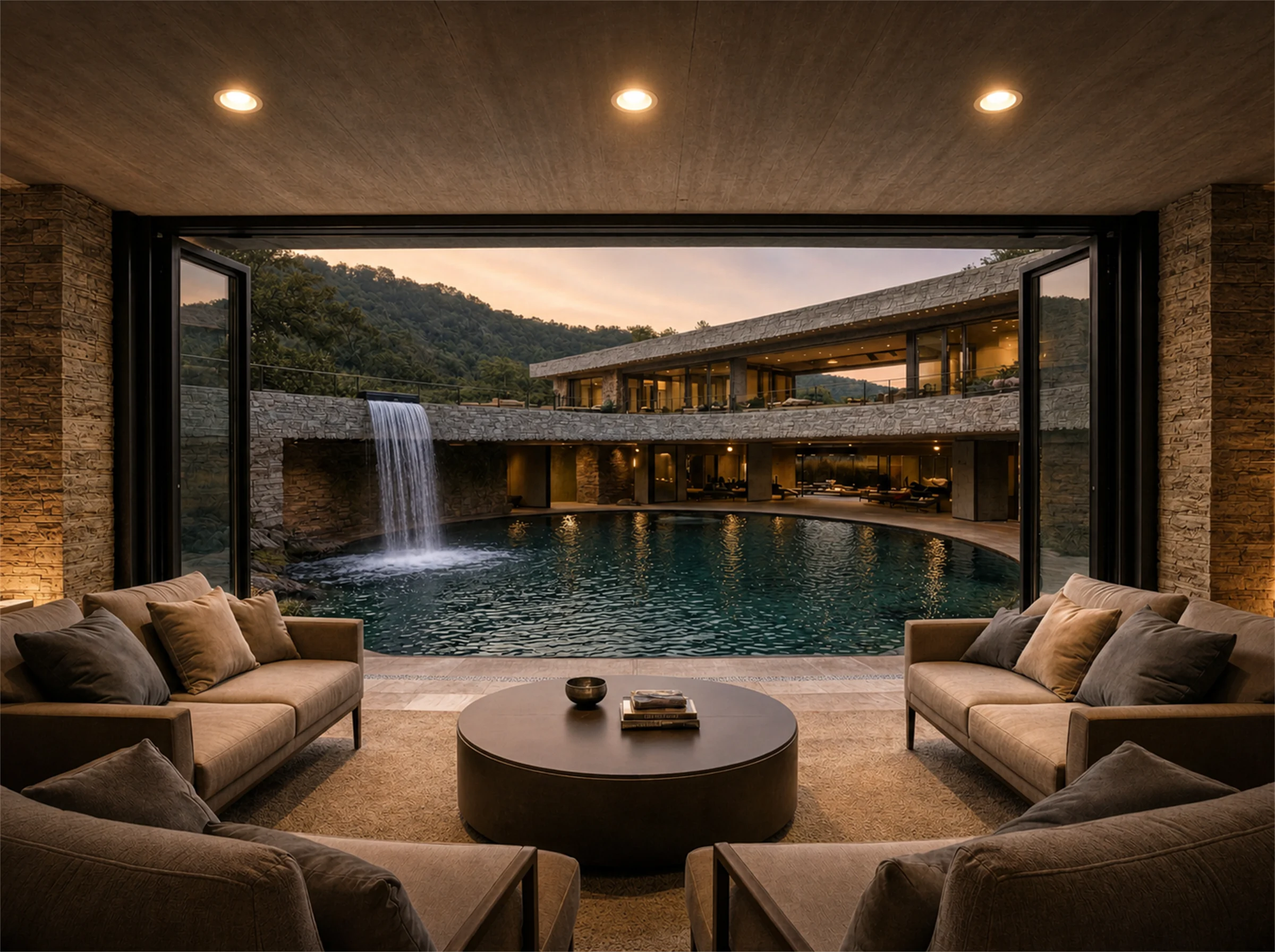 Edge Falls first floor concept view with pool and glass rooms