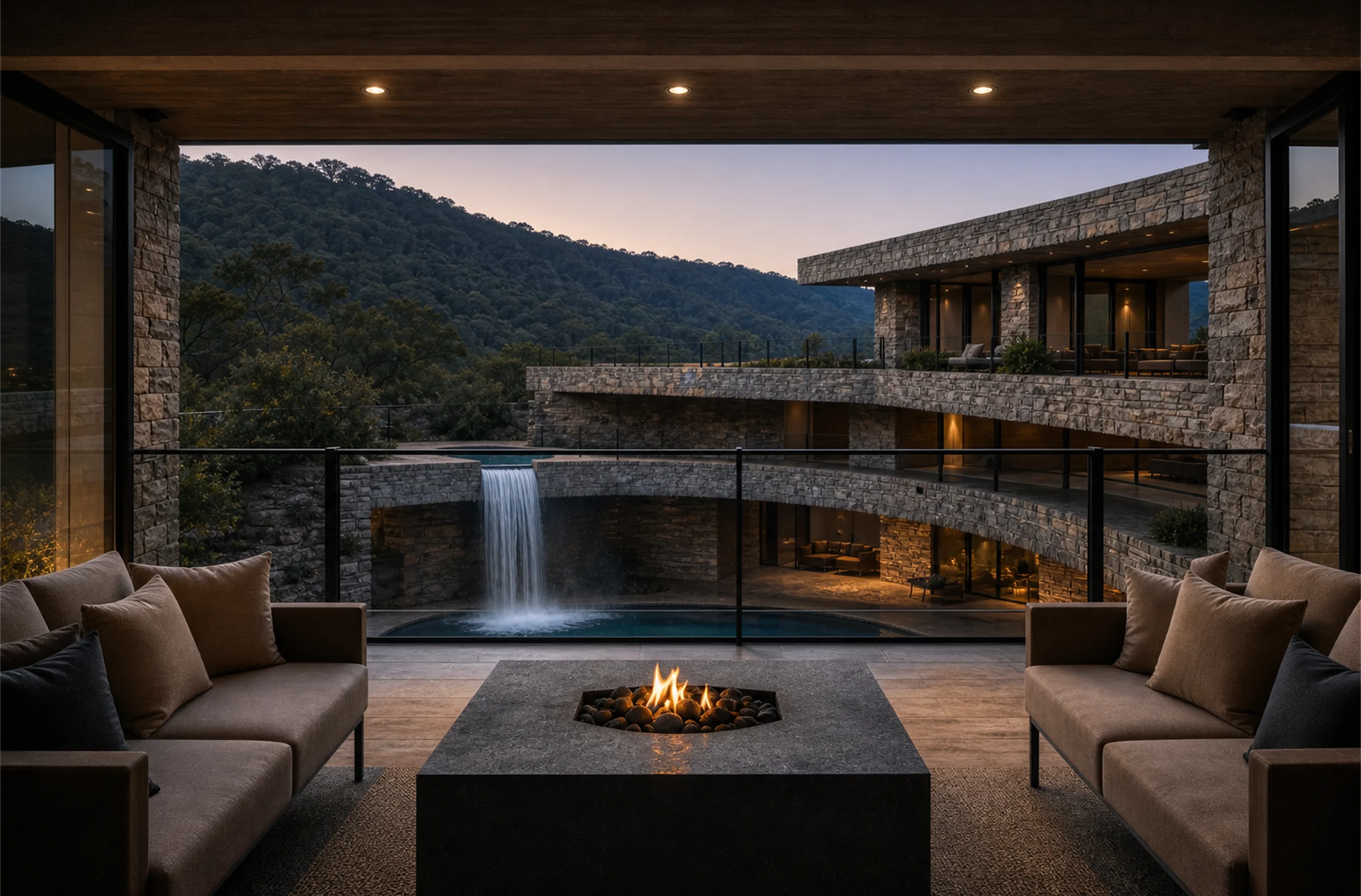 Edge Falls second floor waterfall view with fire table and terraces