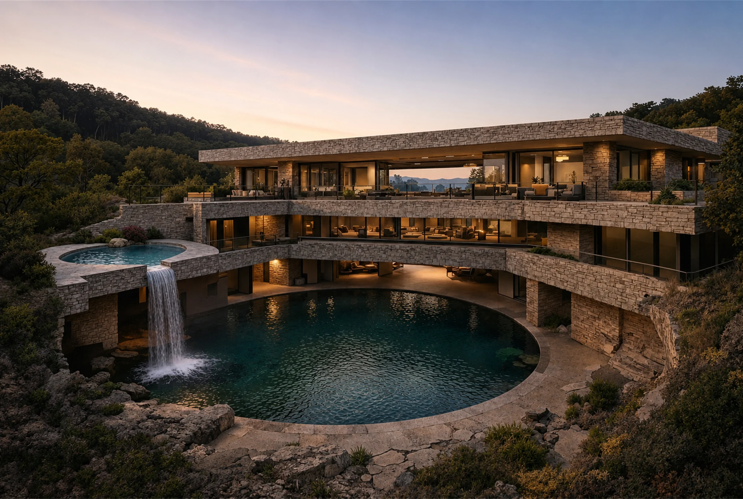 Edge Falls rear elevation with pool terrace and hillside beyond