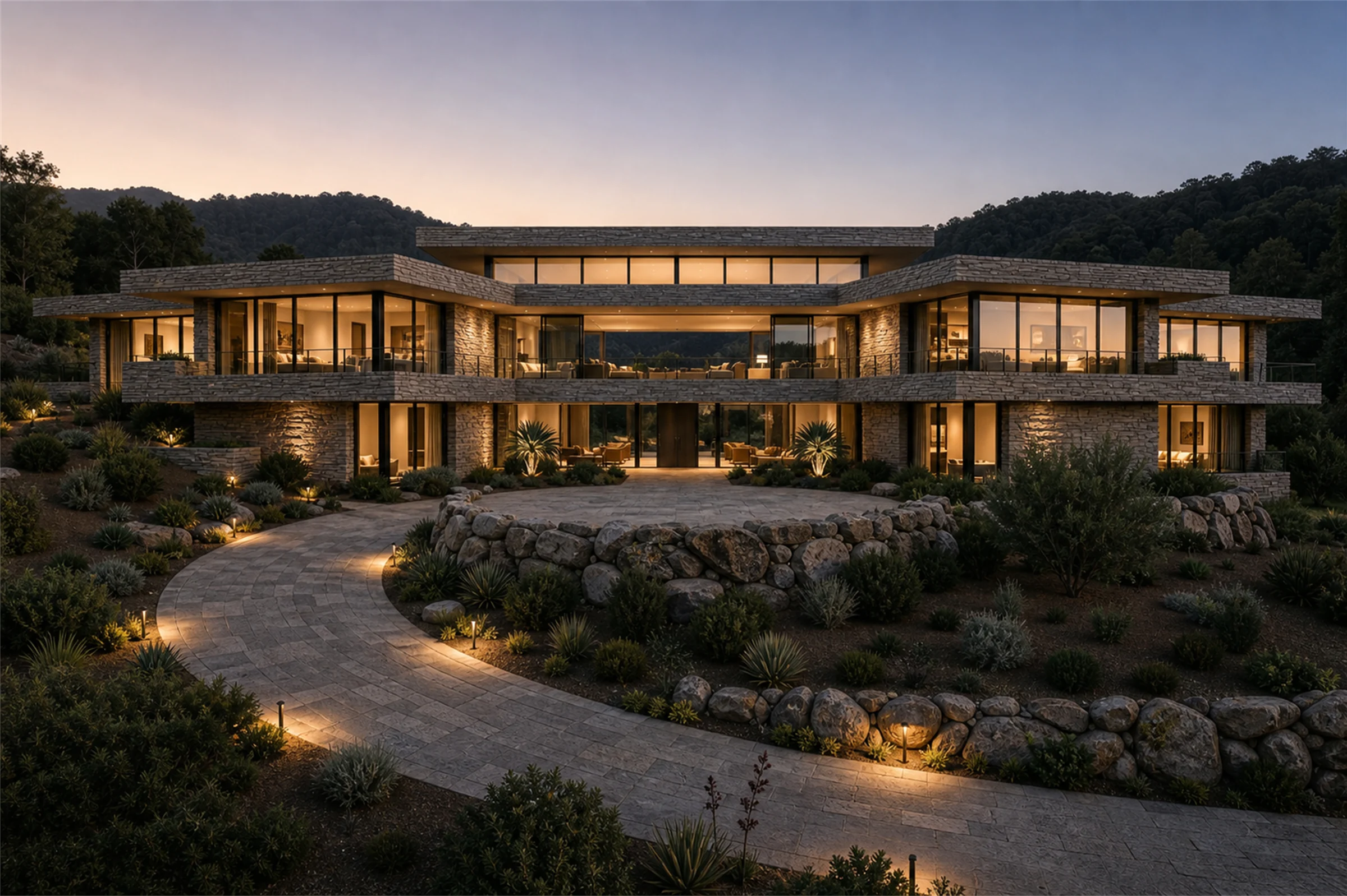 Edge Falls stone and glass residence at dusk