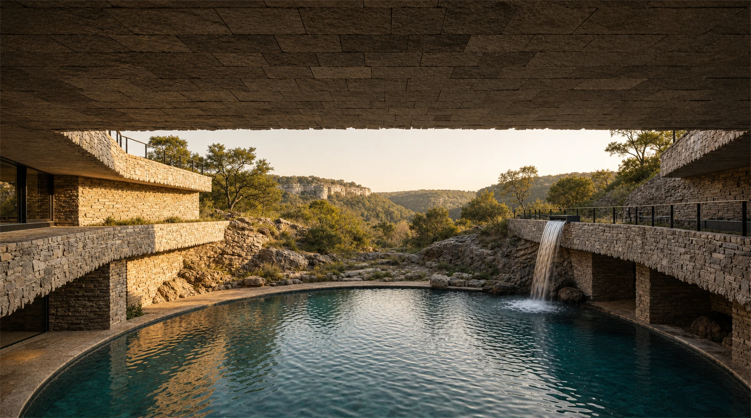 Edge Falls upper terrace view over pool and waterfall court
