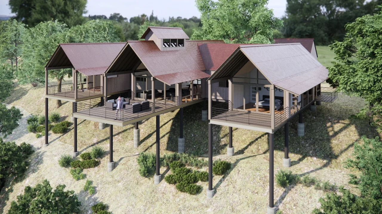Arroyo Verde bird's-eye exterior rendering with raised decks and multiple gabled roof forms