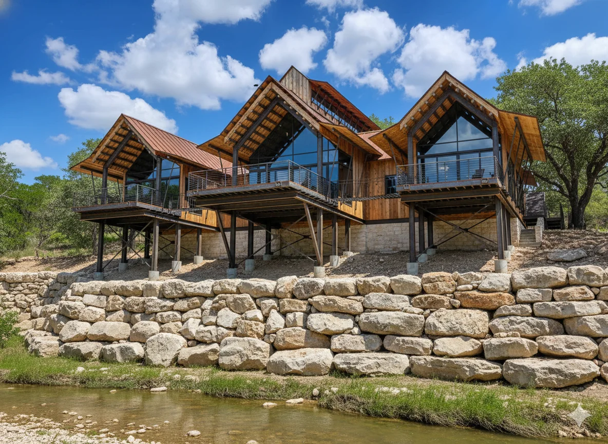 Arroyo Verde completion concept with wood siding, glass gables, steel decks, stone wall, and creek water