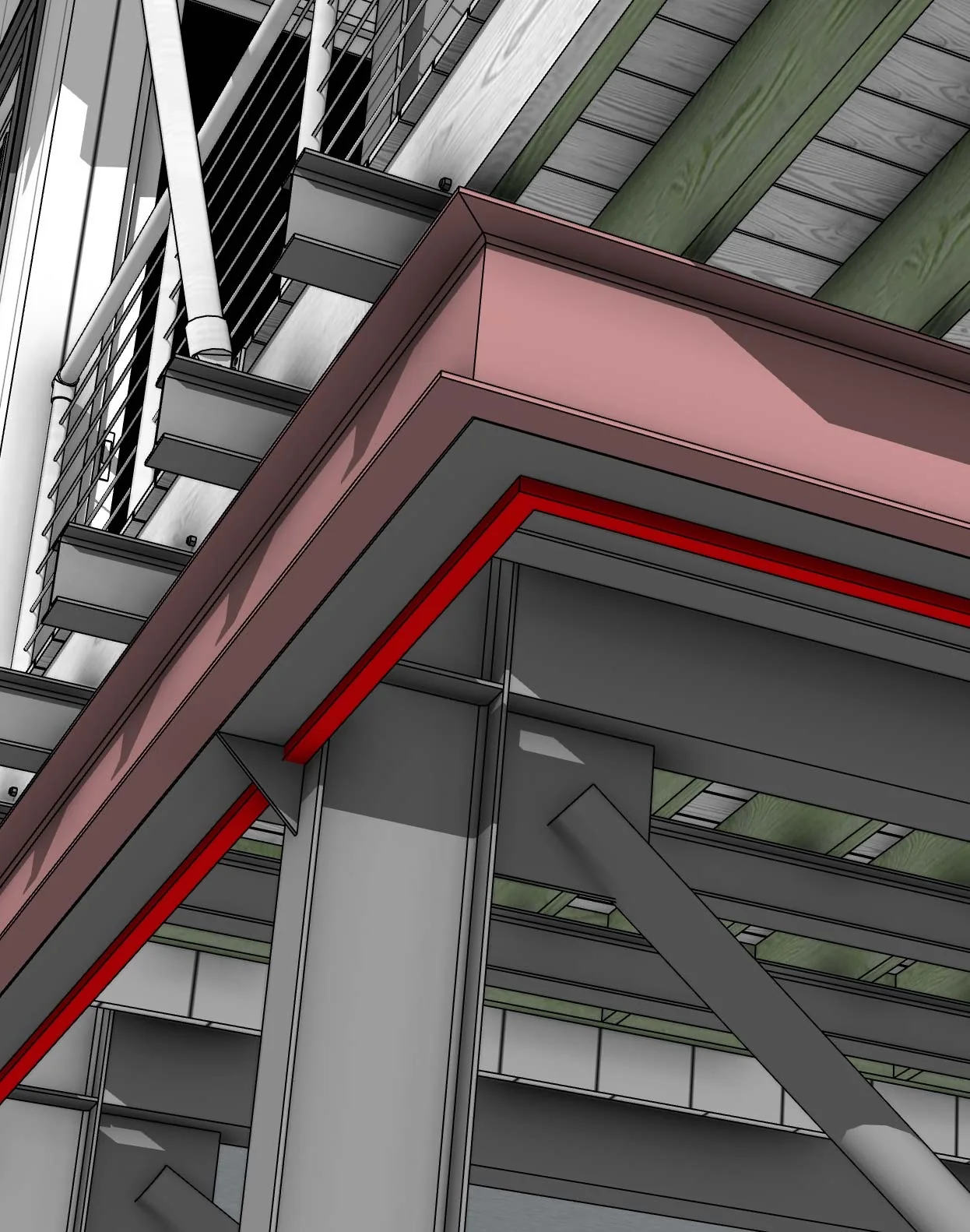 Arroyo Verde close-up rendering of steel, deck edge, railing, soffit, and trim connections