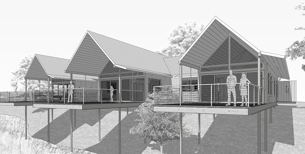 Arroyo Verde black and white exterior elevation rendering with decks, railings, and gabled roof forms
