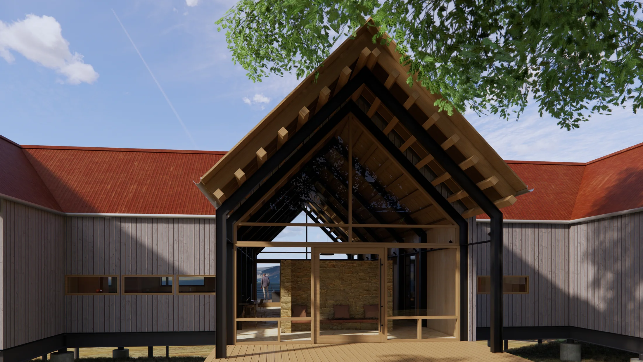Arroyo Verde exterior rendering centered on the glass gable entry