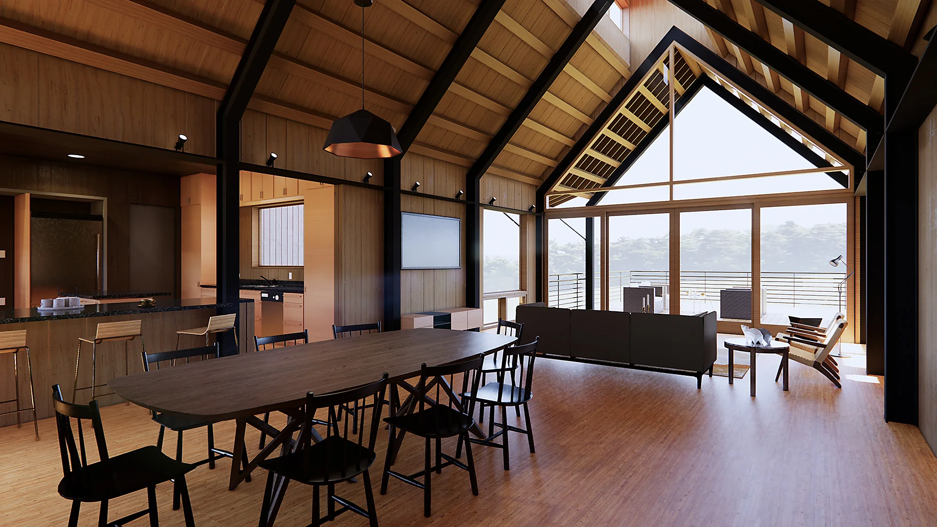 Arroyo Verde interior rendering with exposed roof structure and long view opening