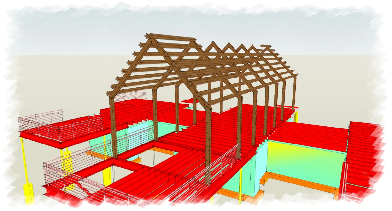Arroyo Verde structural model rendering with roof framing, deck spans, and railings